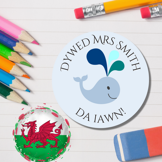 Welsh Personalised Teacher Reward Stickers - Whale