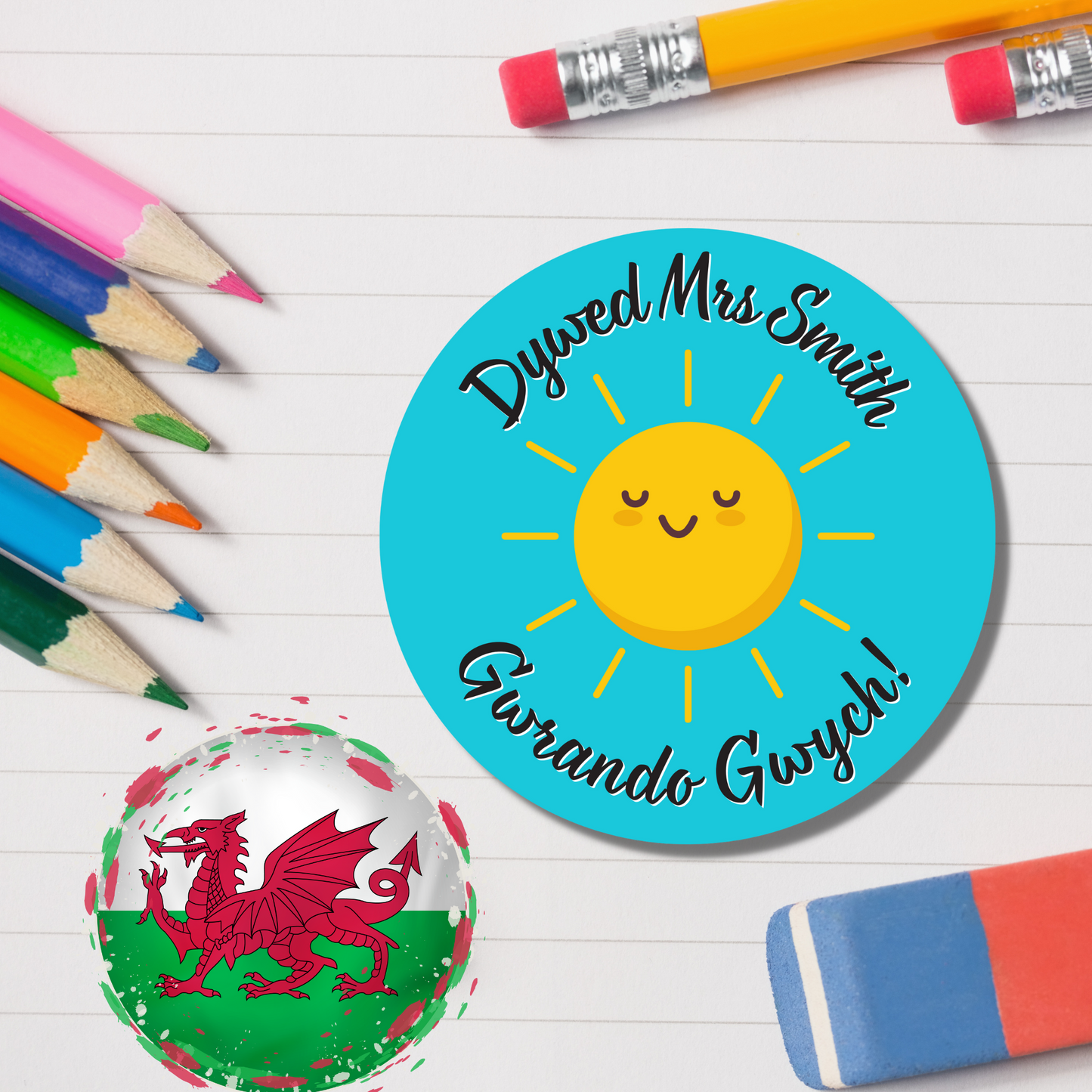 Welsh Personalised Teacher Reward Stickers - Sun