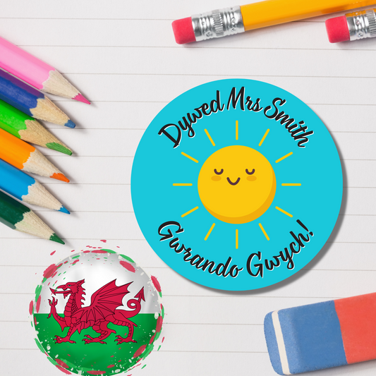 Welsh Personalised Teacher Reward Stickers - Sun