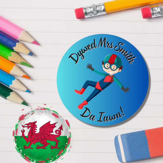 Welsh Personalised Teacher Reward Stickers - Superhero