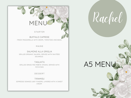 Rachel White Floral Wedding Menu