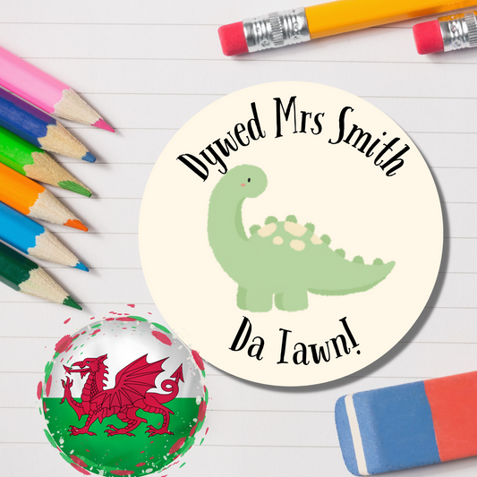 Welsh Personalised Teacher Reward Stickers - Dinosaur