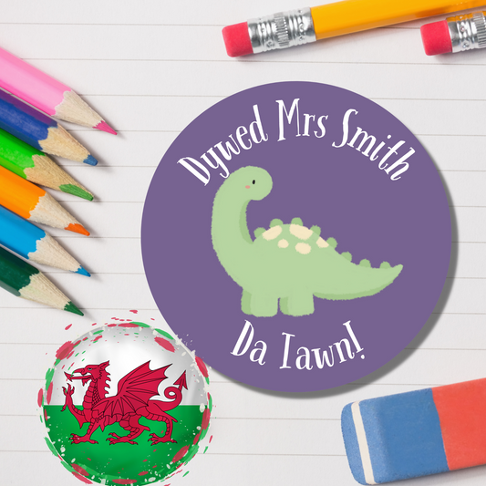 Welsh Personalised Teacher Reward Stickers - Dinosaur
