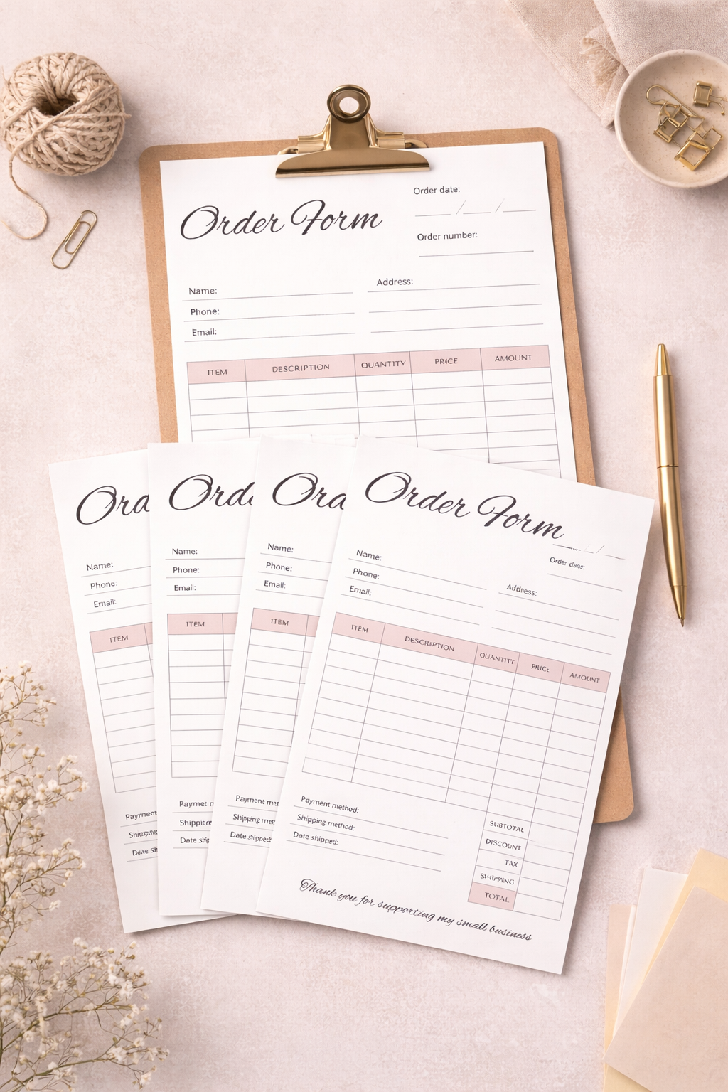 5x Colours Small Business Order Form Bundle - Printable A4