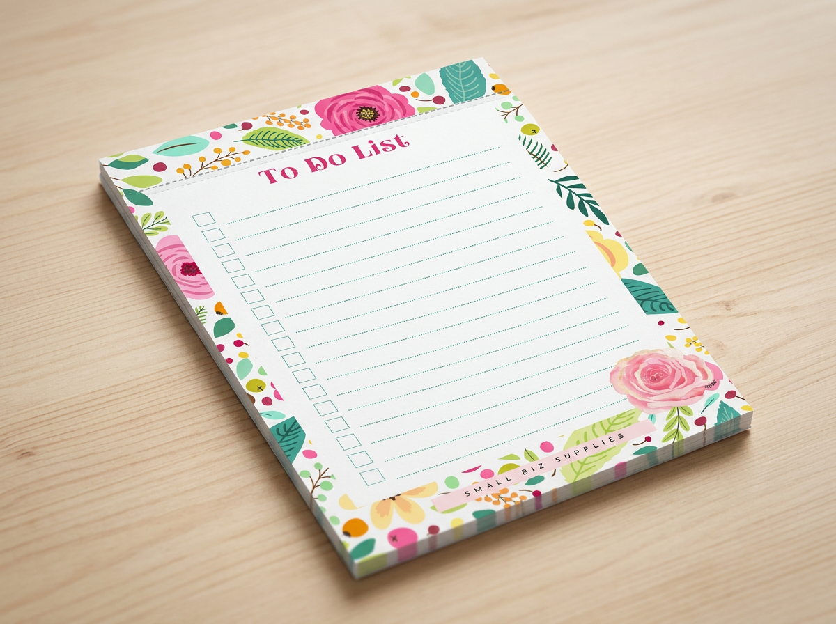 A6 floral to-do list tear-away notepad with checkbox task list and colourful botanical border