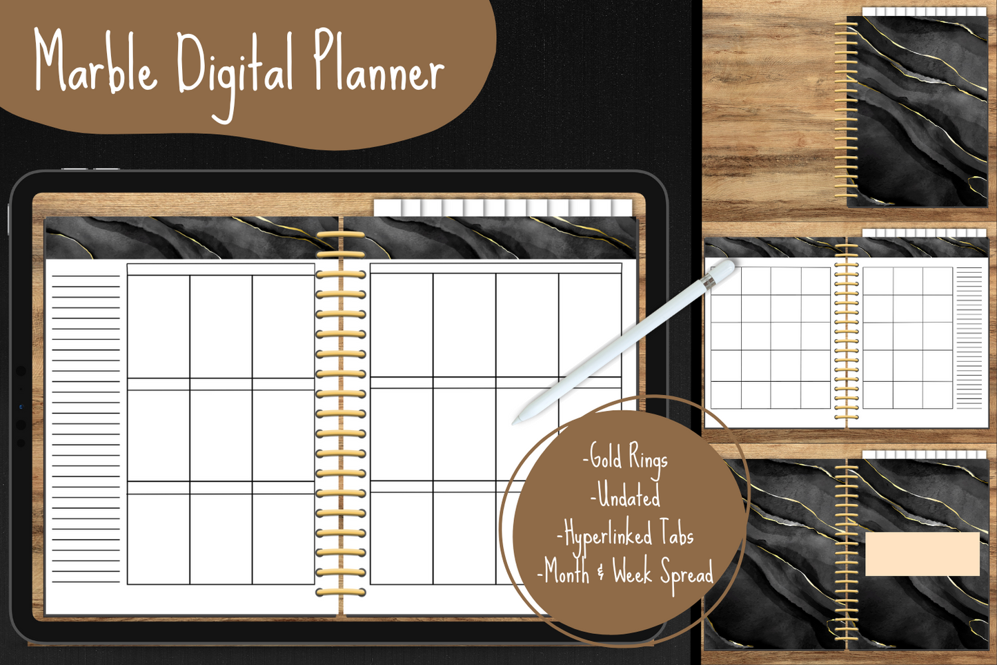Black Marble Undated Digital Planner - Gold Rings