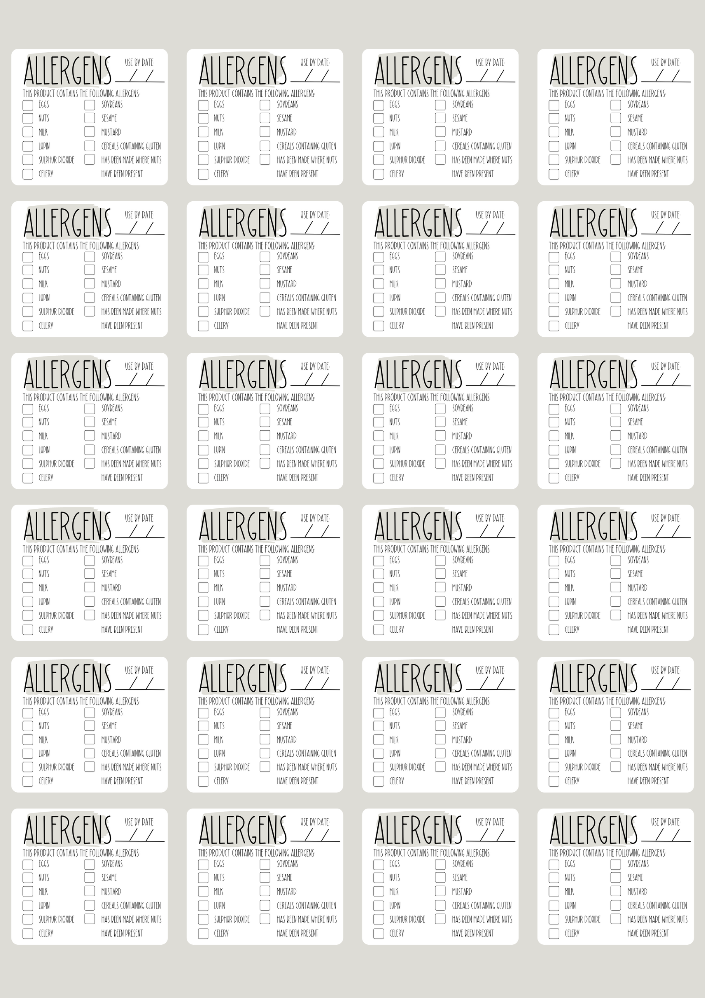 Allergen Stickers - 5 Colour Choices