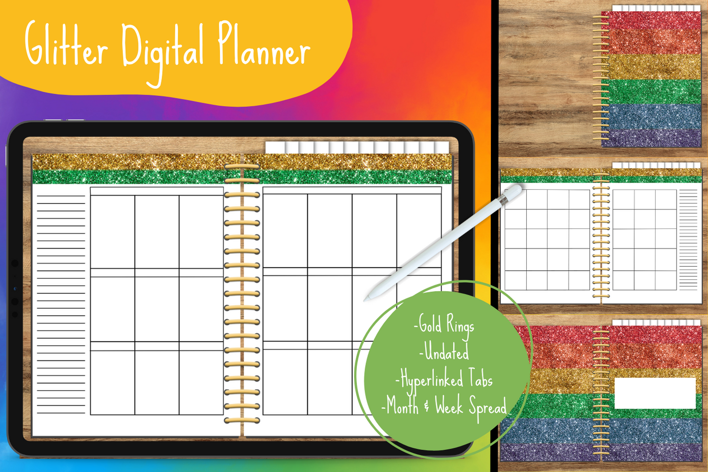 Glitter Rainbow Undated Digital Planner - Gold Rings