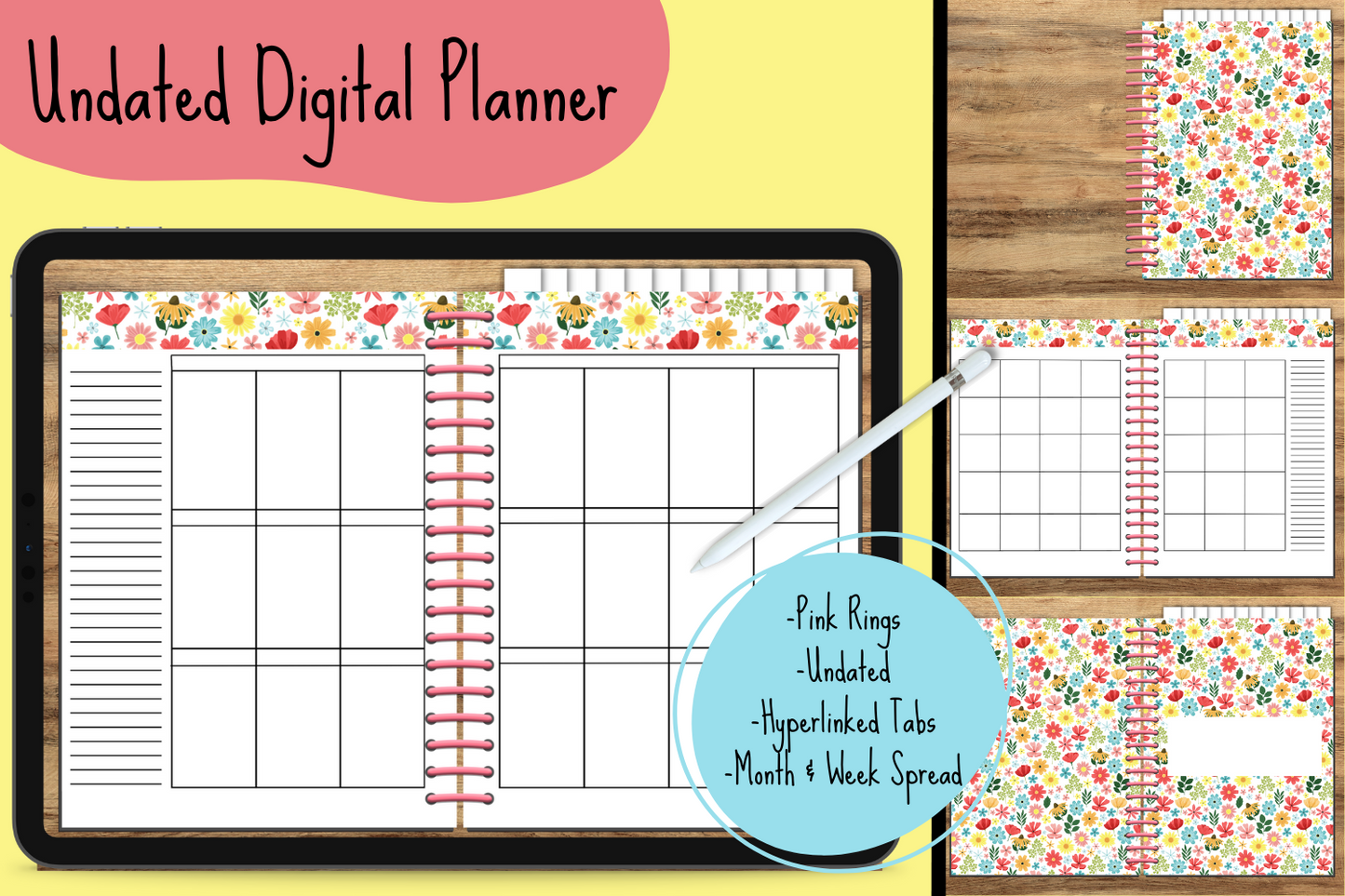 Floral Undated Digital Planner - Pink Rings