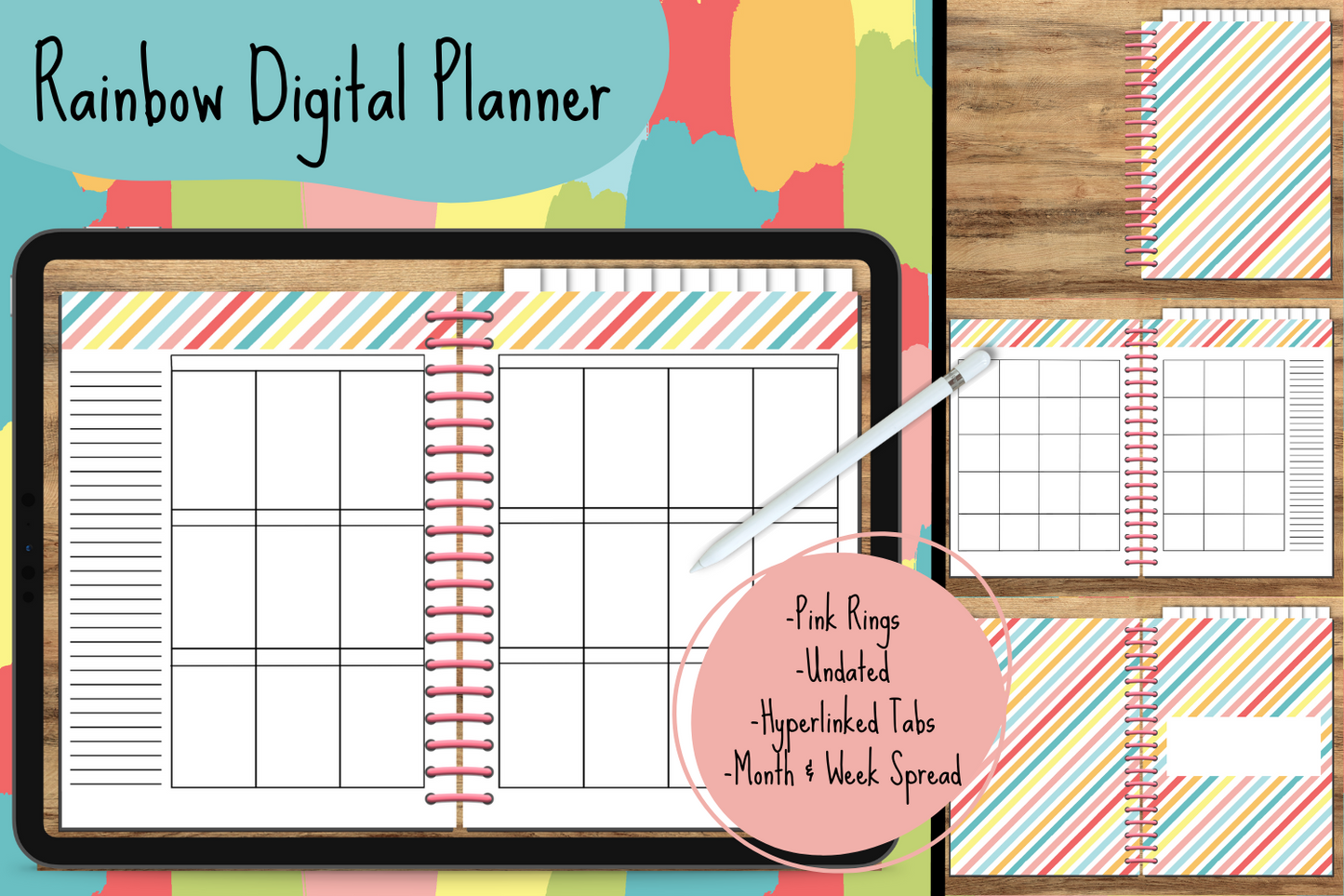 Rainbow Undated Digital Planner - Pink Rings