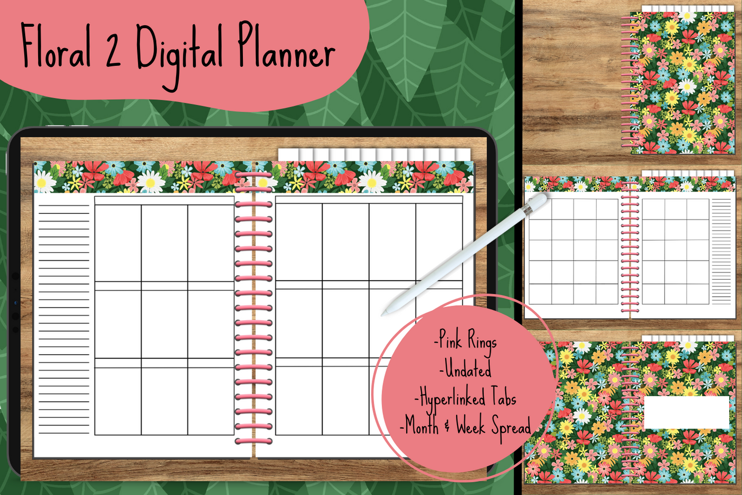 Floral 2 Undated Digital Planner - Pink Rings