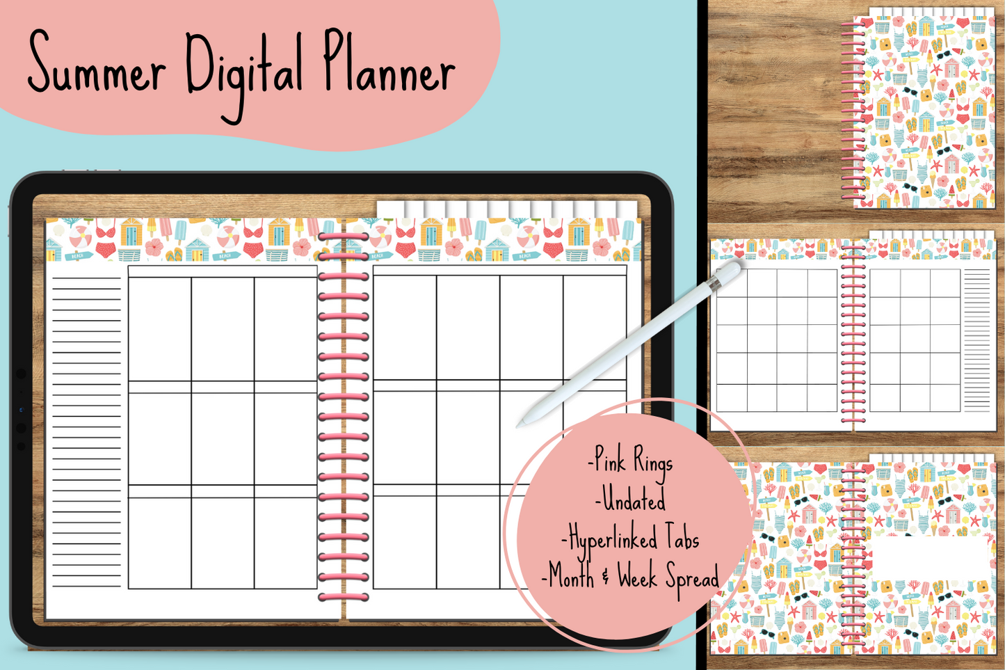 Summer Undated Digital Planner - Pink Rings
