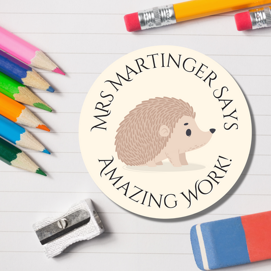 Hedgehog Teacher Reward Stickers - Amazing Work! Glossy Finish