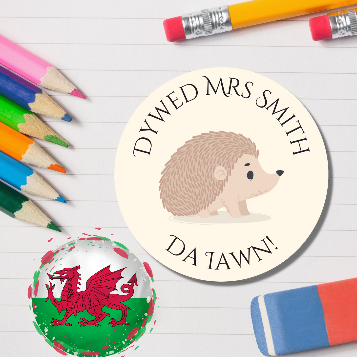 Welsh Personalised Teacher Reward Stickers - Hedgehog
