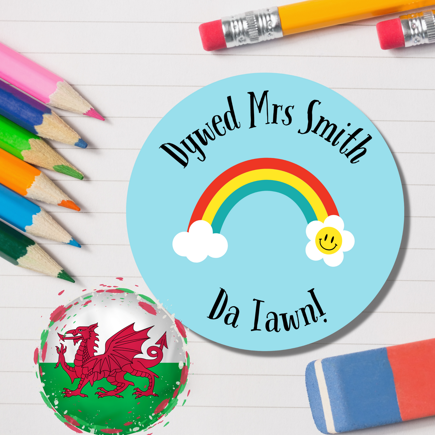 Welsh Personalised Teacher Reward Stickers - Rainbow