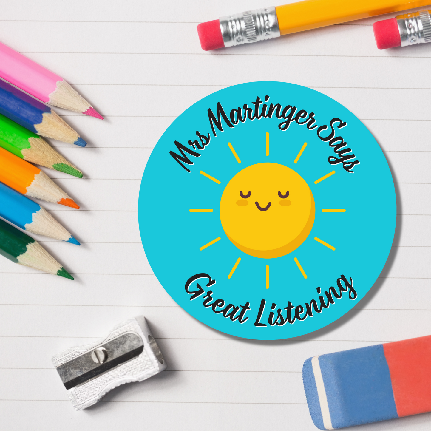 Sun Teacher Reward Stickers - Great Listening - Glossy Finish