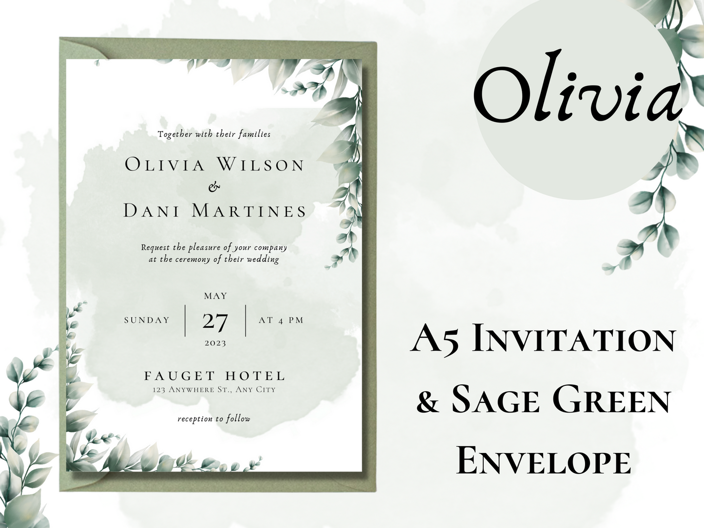 Olivia Eucalyptus Wedding Invitation & Envelope