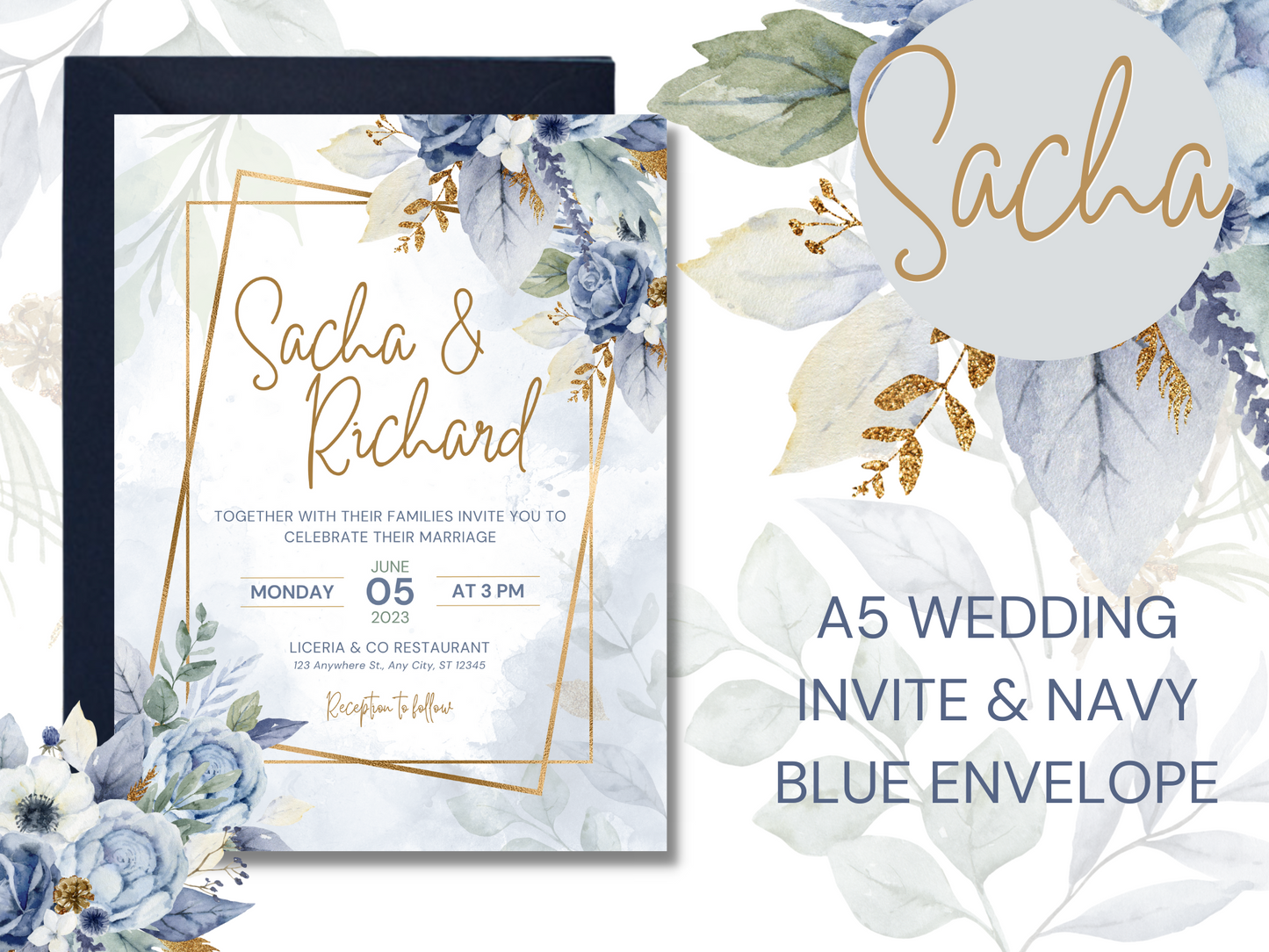 Sacha Blue Floral Wedding Invitation & Envelope
