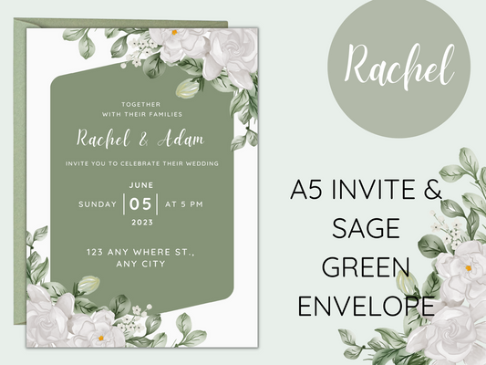 Rachel White Floral Wedding Invitation & Envelope