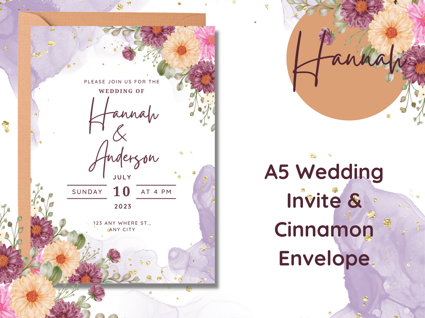 Hannah Purple Watercolour Floral Wedding Invitation & Envelope