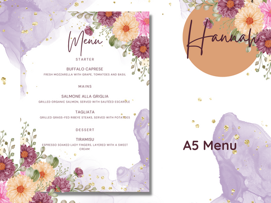 Hannah Purple Watercolour Floral Wedding Menu