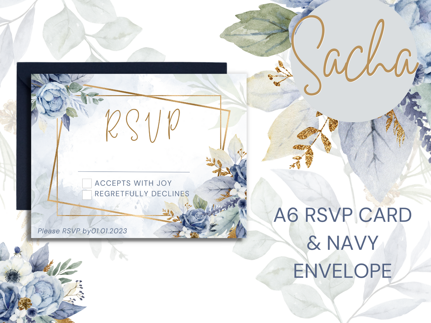 Sacha Blue Floral Wedding RSVP Card & Envelope