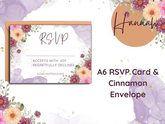 Hannah Purple Watercolour Floral Wedding RSVP Card & Envelope