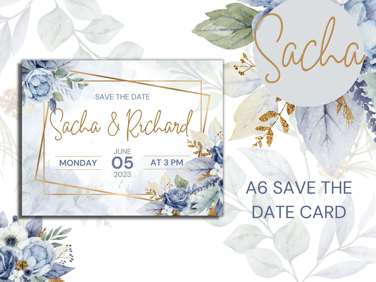 Sacha Blue Floral Wedding Save The Date Card