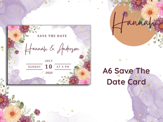 Hannah Purple Watercolour Floral Wedding Save The Date Card
