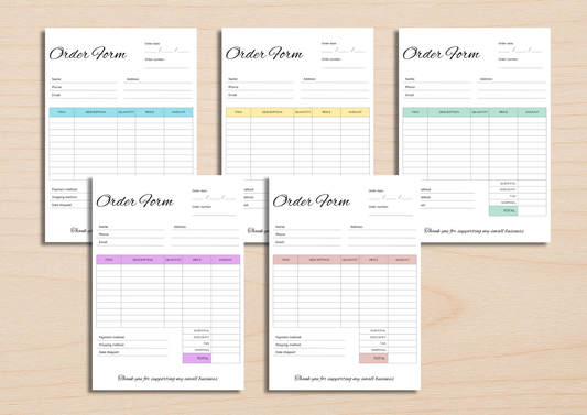 5x Colours Small Business Order Form Bundle - Printable A4