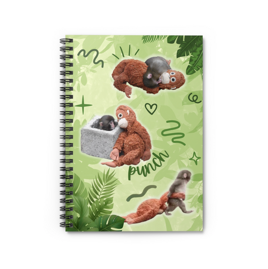 Notebook with animal illustrations on a green background. Punch the monkey in japan.