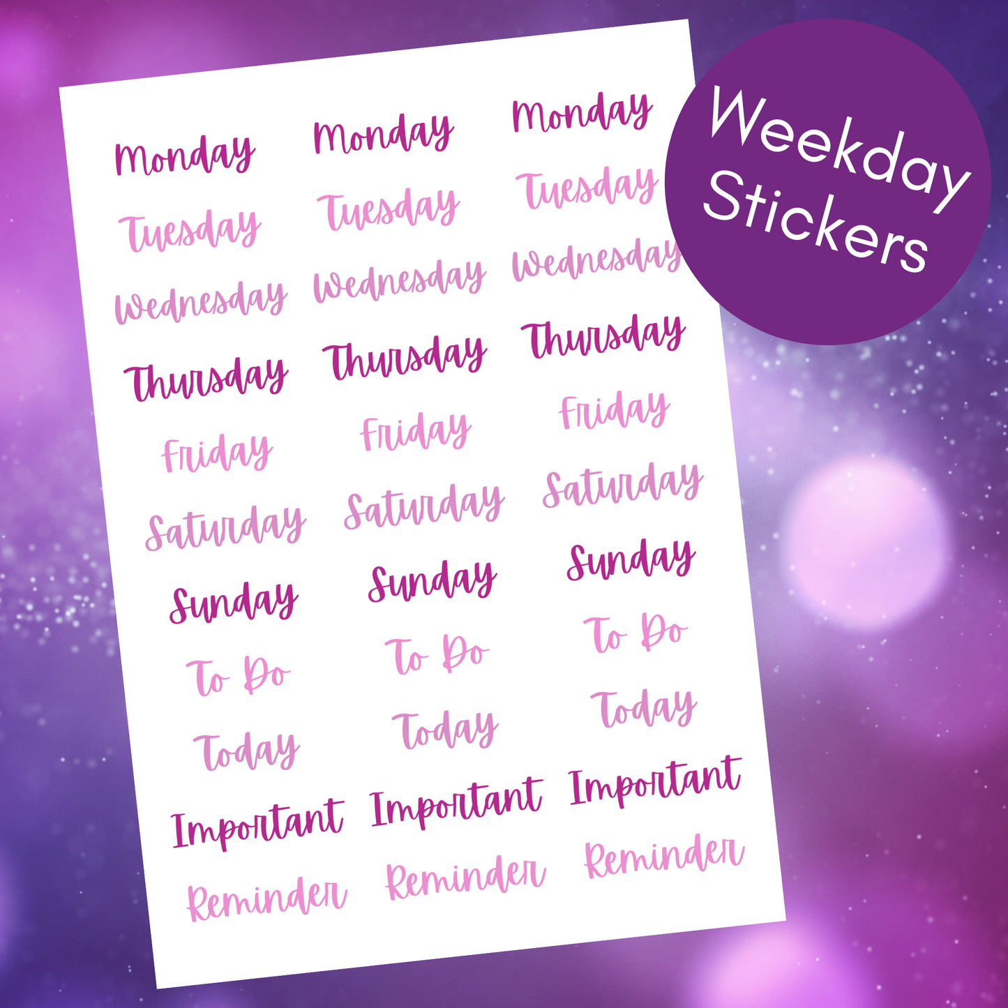 Pink Weekday Planner Stickers