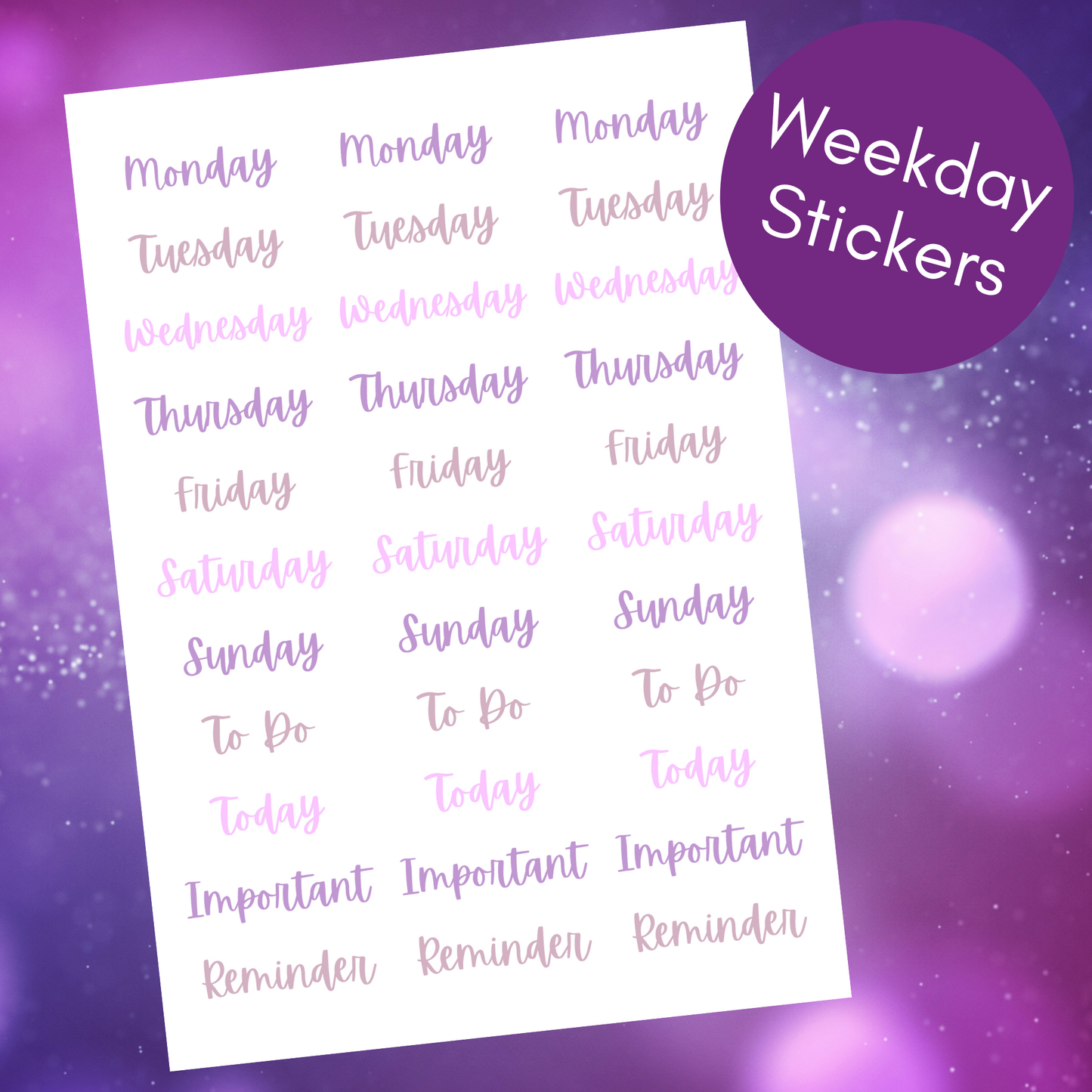 Purple Weekday Planner Stickers