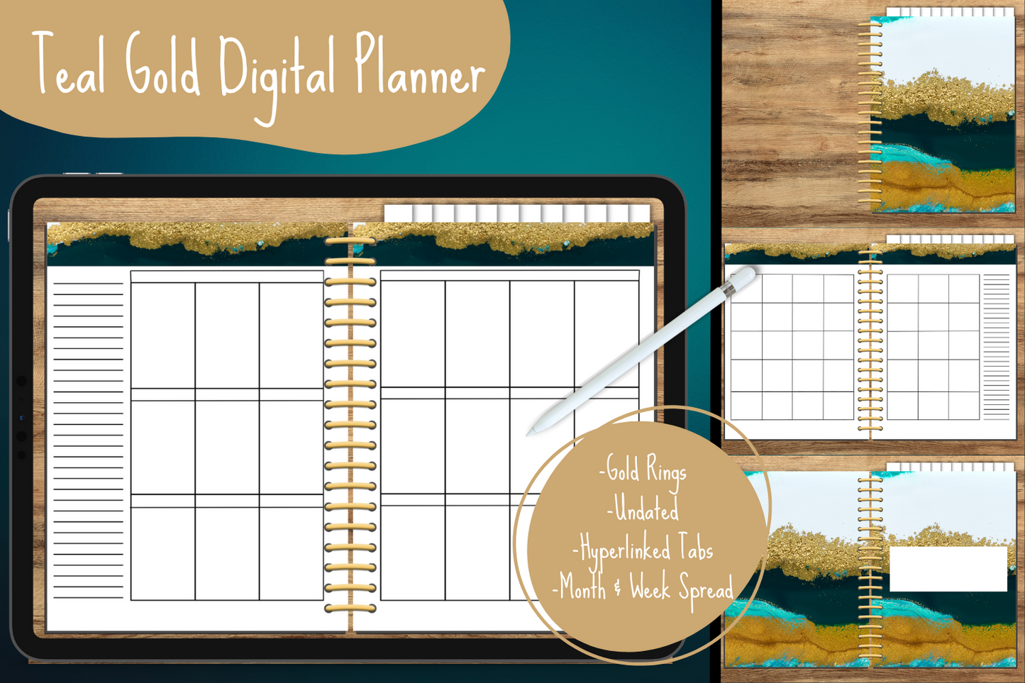 Teal Gold Undated Digital Planner - Gold Rings