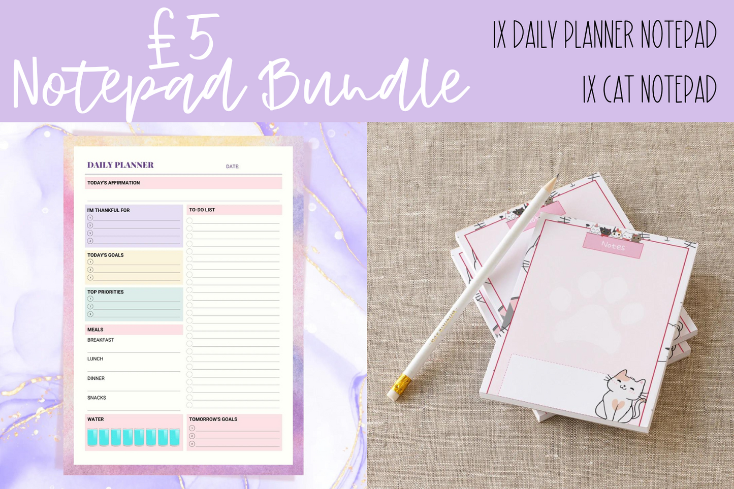 Daily Planner & Cat Notepad Bundle