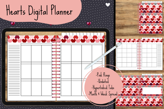 Hearts Undated Digital Planner - Pink Rings