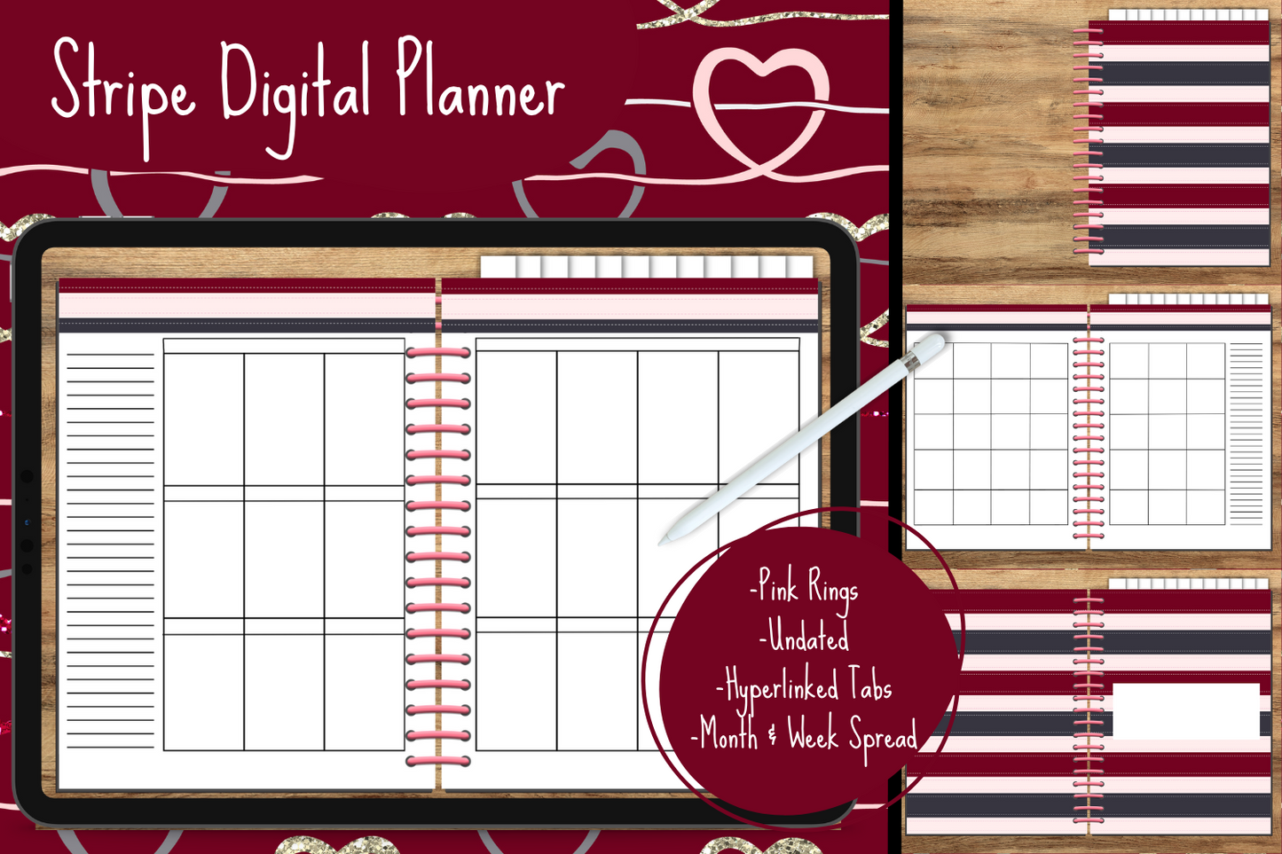 Stripe Undated Digital Planner - Pink Rings